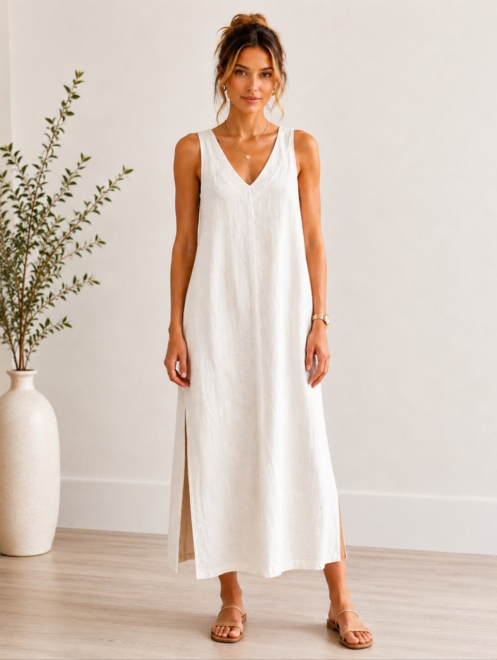 LOFT | Linen Blend Maxi Dress | Size Large | Coastal Chic Minimalist Resort Wear